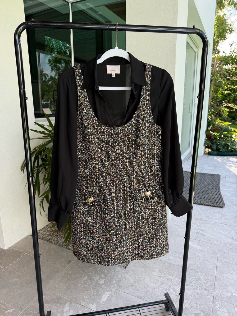 cinq a sept Black Blouse with Multicolor Tweed Pinafore Dress